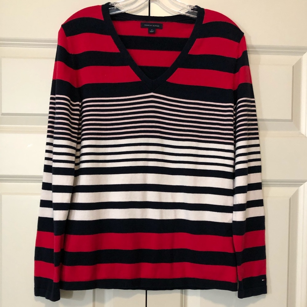 Tommy Hilfiger Striped V-Neck Sweater, Size Medium